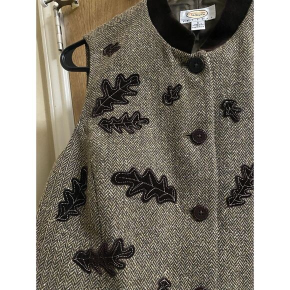 Talbots Vest Womens Small Petite Brown Wool Silk Herringbone Tweed Velvet Leaves - Picture 3 of 13